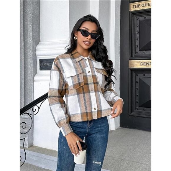 Brown Plaid Print Corduroy Cropped Jacket Shacket Button‎ Down Long Sleeve Coat - Picture 3 of 6